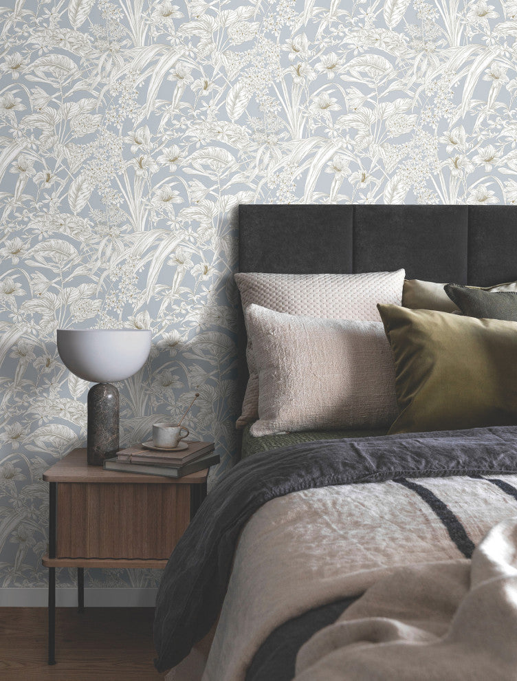 Orchid Conservatory Toile Blue and Taupe Wallpaper