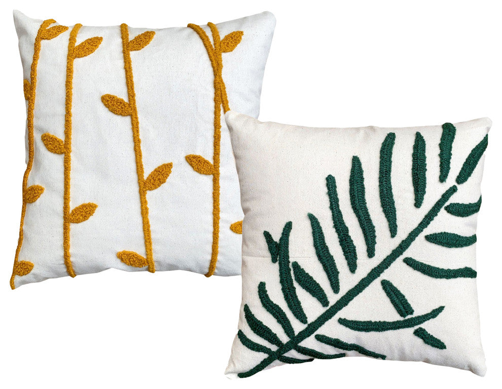 Benzara UPT-272775 2 Piece Accent Throw Pillow Set, Leaf Embroidery, Multicolor