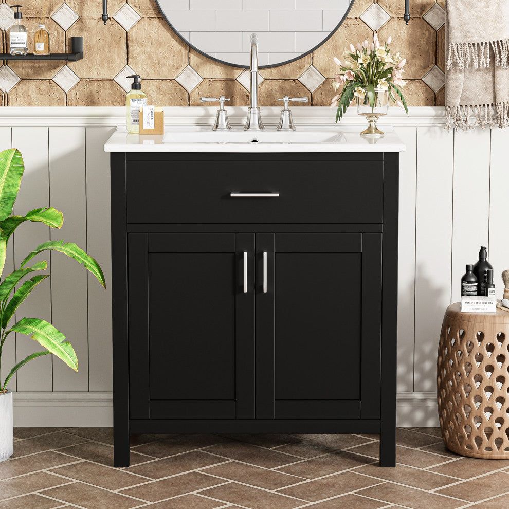 30 Inch Bathroom Vanity with Ceramic Sink and Ample Storage, Black