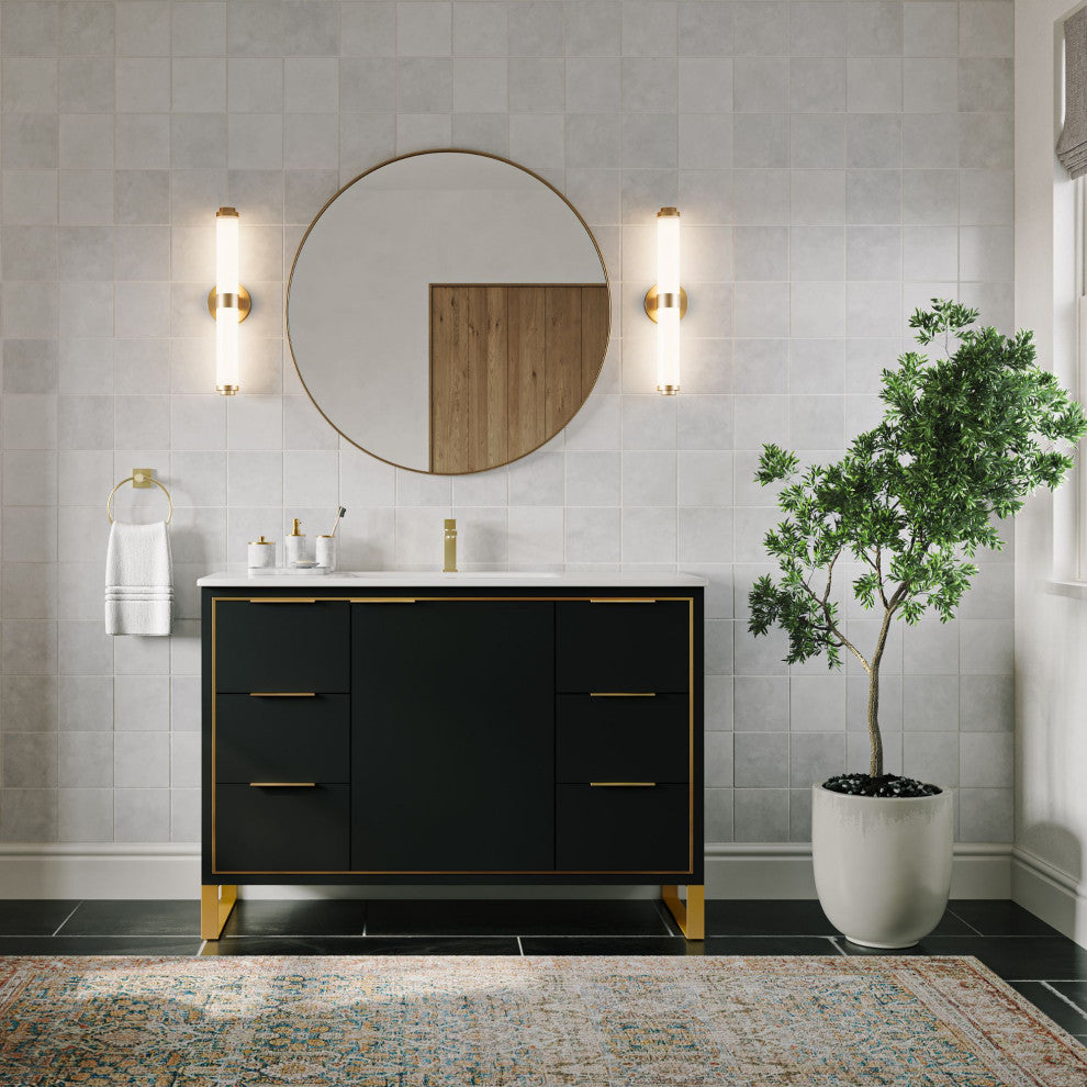 Bradford Bath Vanity, Black Matte, 48", Satin Brass Hardware, Single Sink, Freestanding