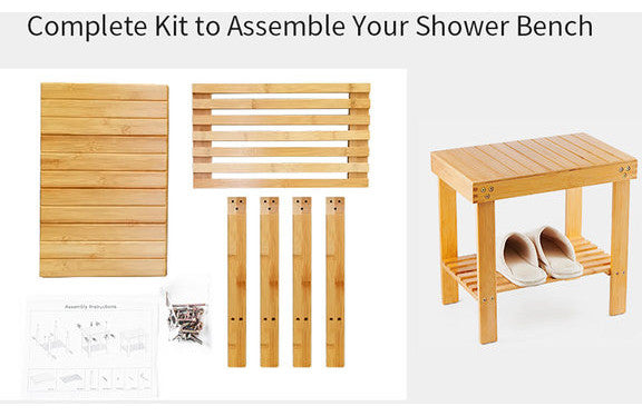 Bamboo Rectangle Deluxe Spa Bench Seat 17" With Shelf Shower Bathroom and More