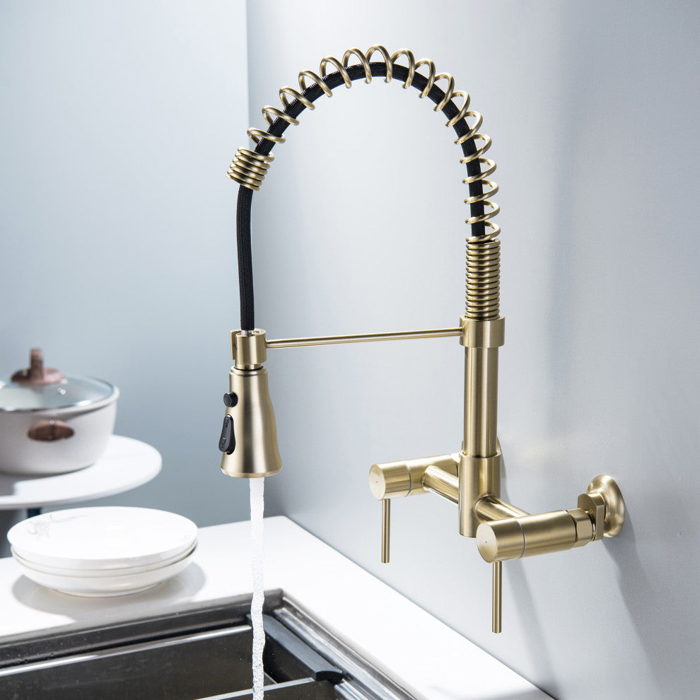 Wall Mounted Bridge Kitchen Faucet With 3 Function Sprayer And Spring Spout, Bru