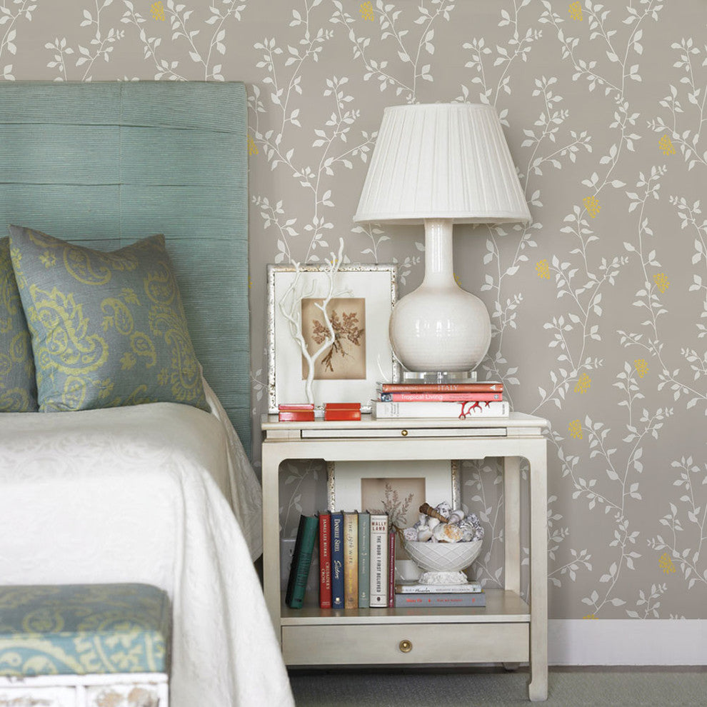 Branch Flower Peel and Stick Vinyl Wallpaper, Warm Gray/Yellow, 24"w X 108"h
