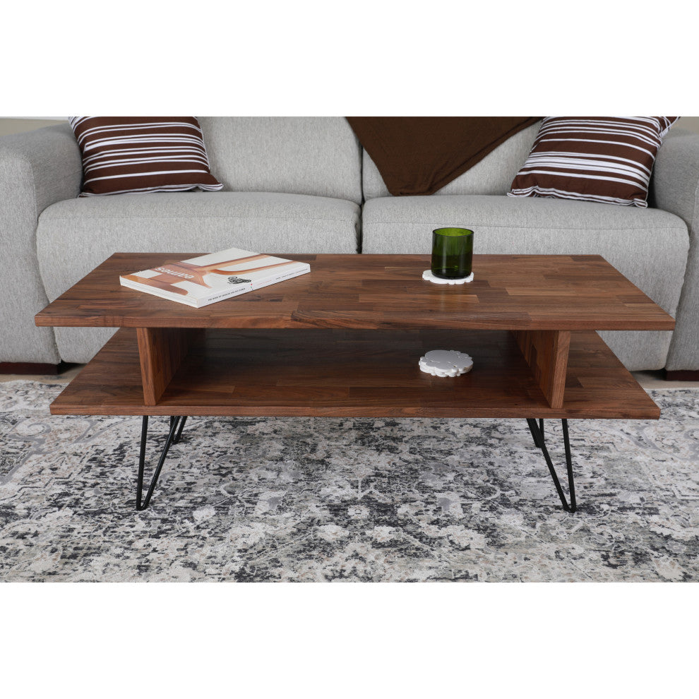 Zuma Modern Coffee Table, Solid Walnut Natural Finish, Black Hairpin Leg