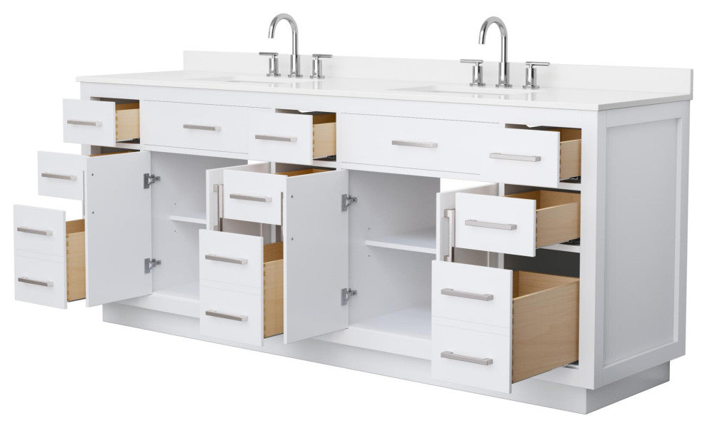 Beckett TK 84" White Double Vanity, White Quartz Top, 3-Hole, Nickel Trim