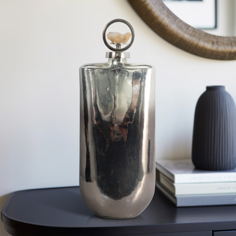 Glass, 19" Metallic Bottle, Stone Top, Silver