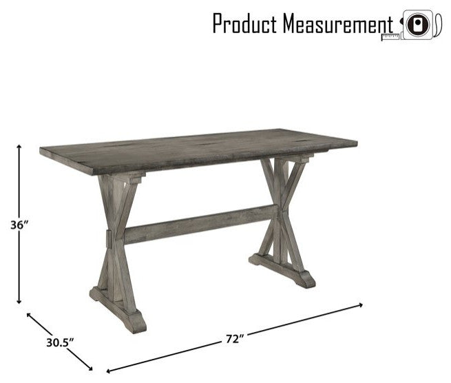 Farmhouse Dining Table, Rubberwood Frame With Rectangular Top, Grey