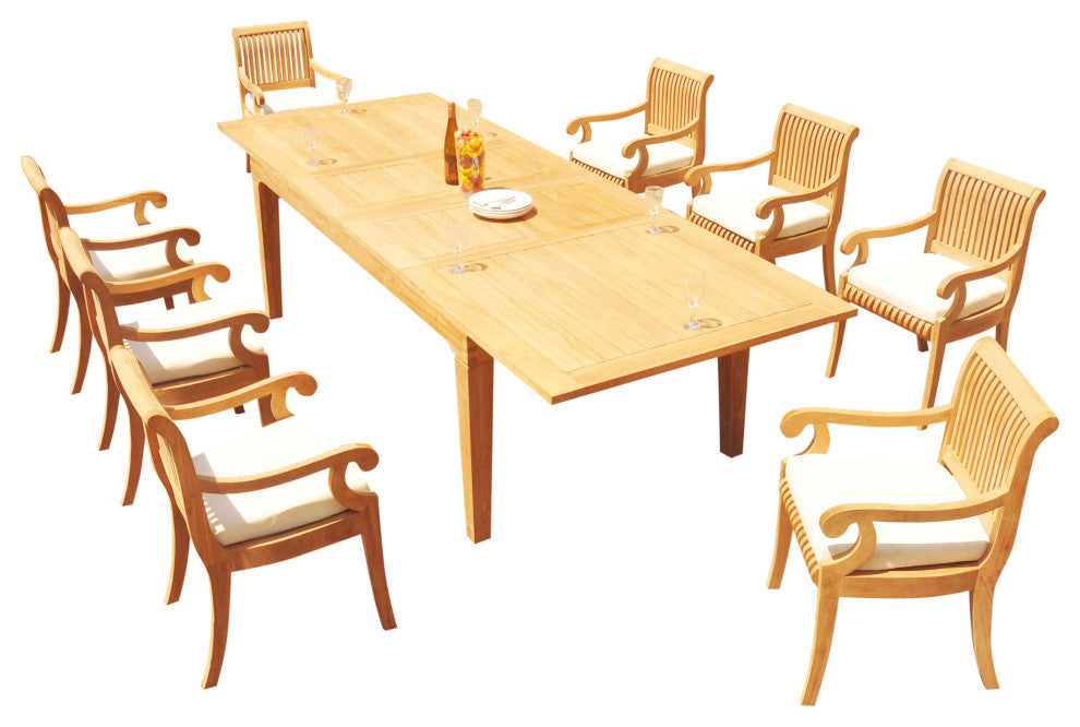 9-Piece Outdoor Teak Dining Set: 122" Rectangle Extn Table, 8 Giva Arm Chairs