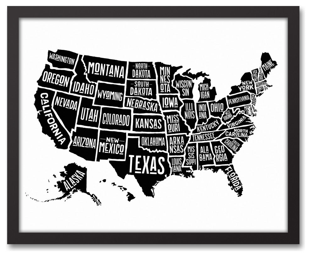 Simple US Map 16x20 Black Framed Canvas