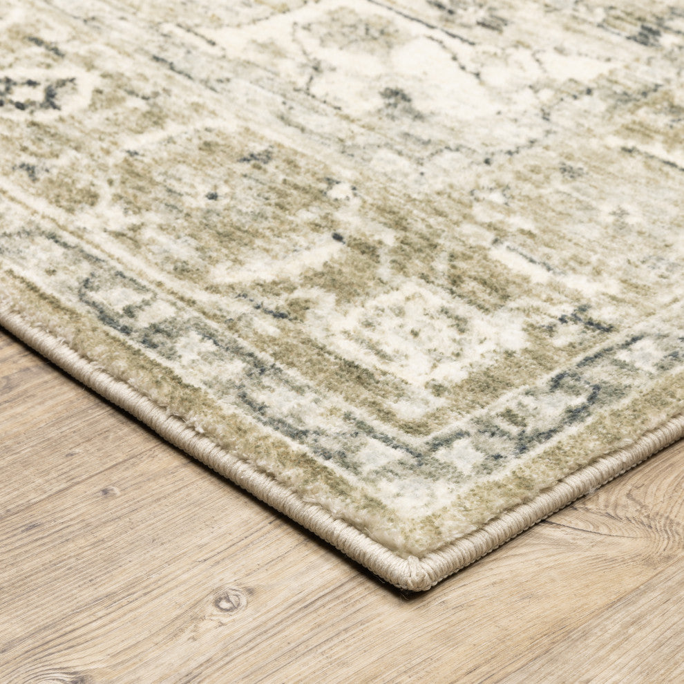 Sanjay Star Medallion Distressed Beige/Ivory Microfiber Area Rug, 5'3"x7'3"