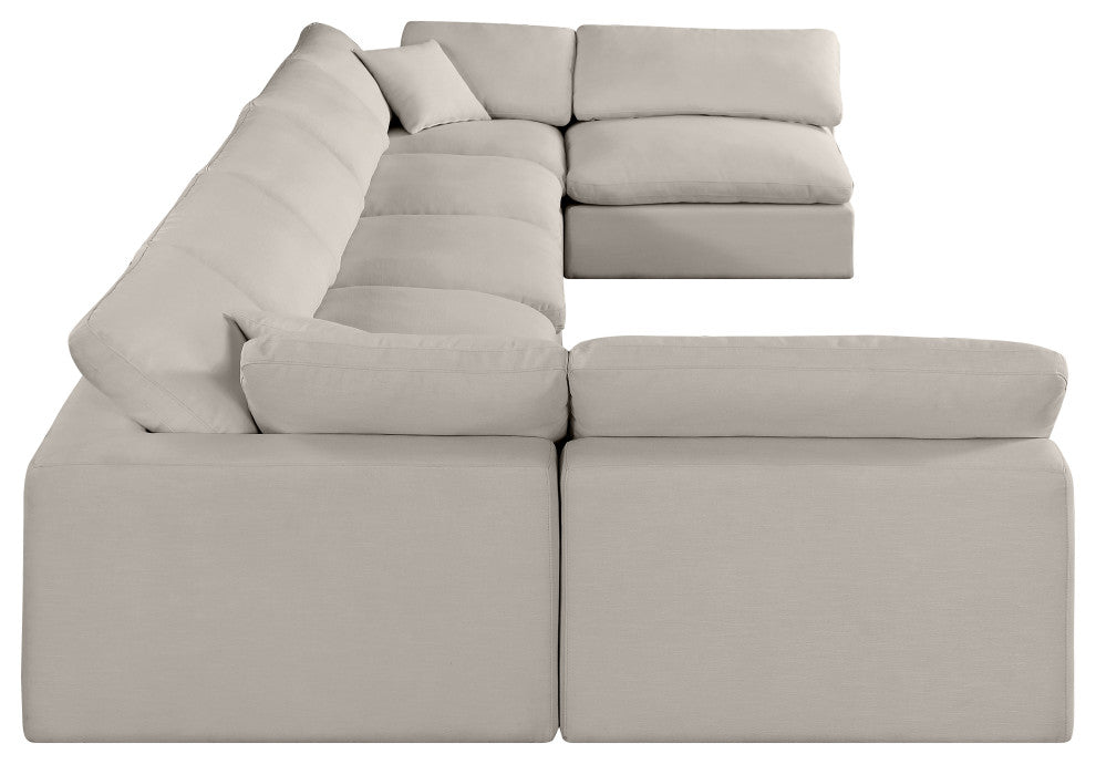 Comfy Upholstered U-Shaped Modular Sectional, Beige, 7-Piece: 5 Armless Chair, 2 Corner Chair, Linen Textured Fabric