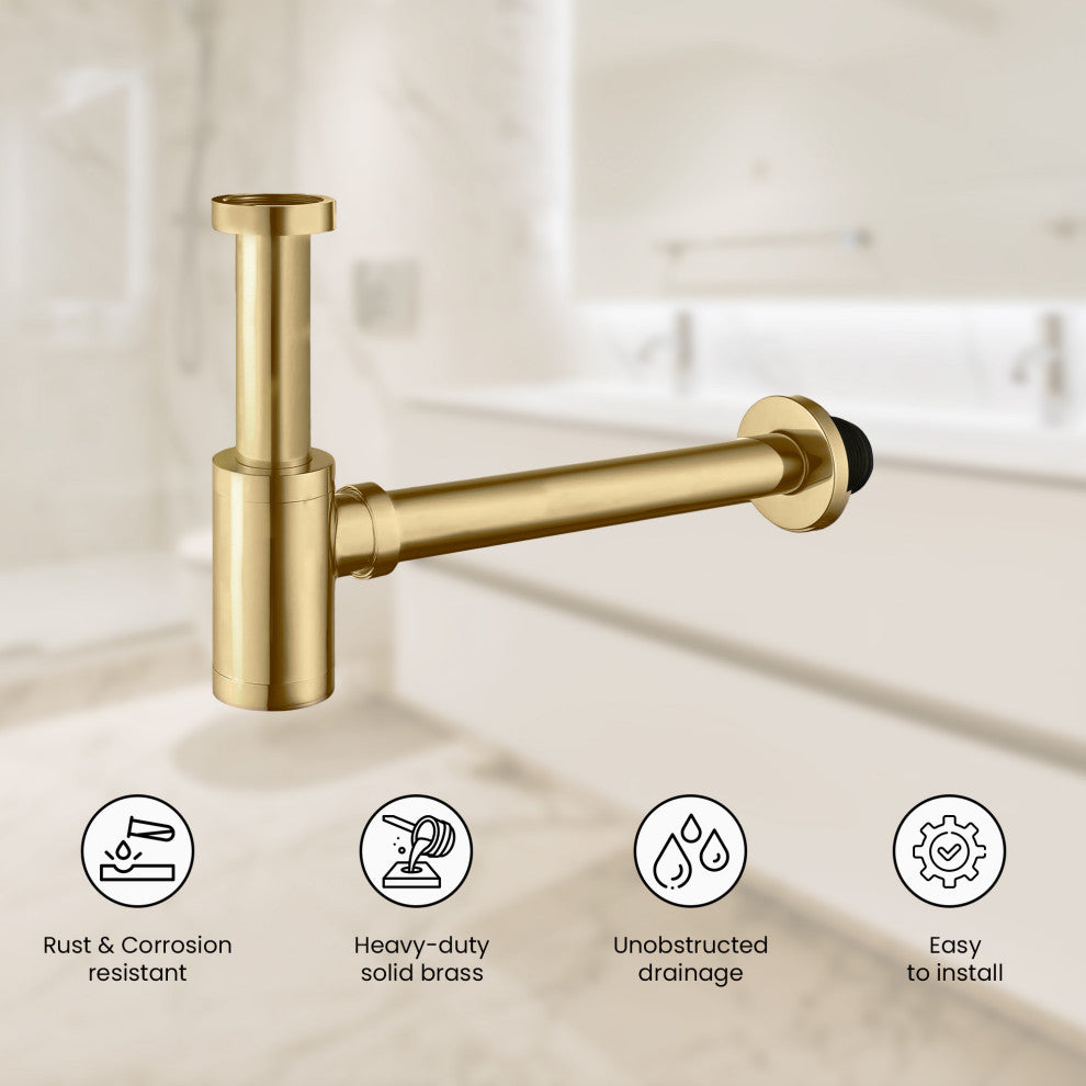 Ayna Decors Solid Brass Bath Sink 1 1/4 P Trap with Slip Joint Extension Tube, Brushed Gold, Bottle Trap