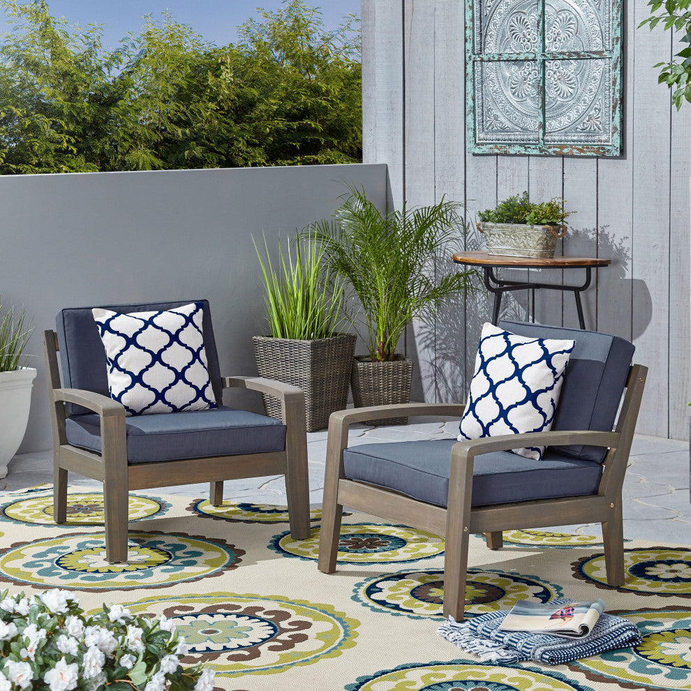 GDF Studio Giselle Outdoor Acacia Wood Club Chairs With Water Resistant Cushions, Set of 2