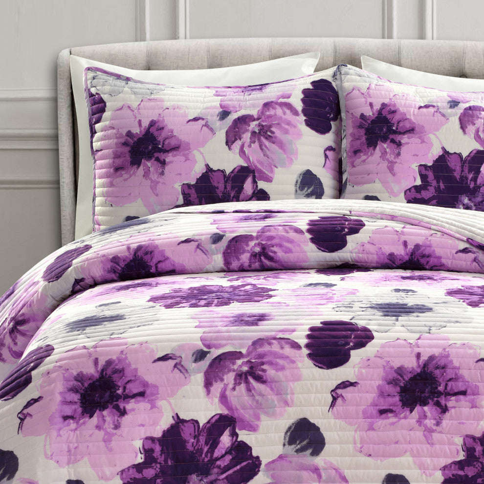 Leah Reversible 3-Piece Quilt Set, Gray/Purple, King