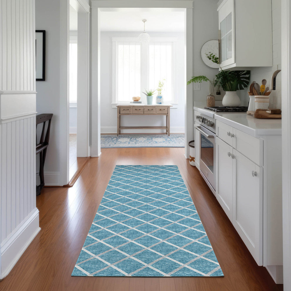 Indoor/Outdoor York YO1 Sky Blue Machine Washable 2'3" x 10' Rug