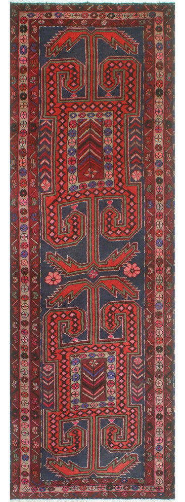 Fine Vintage Distressed WaLight er Navy/Red Runner, 3'4x10'0
