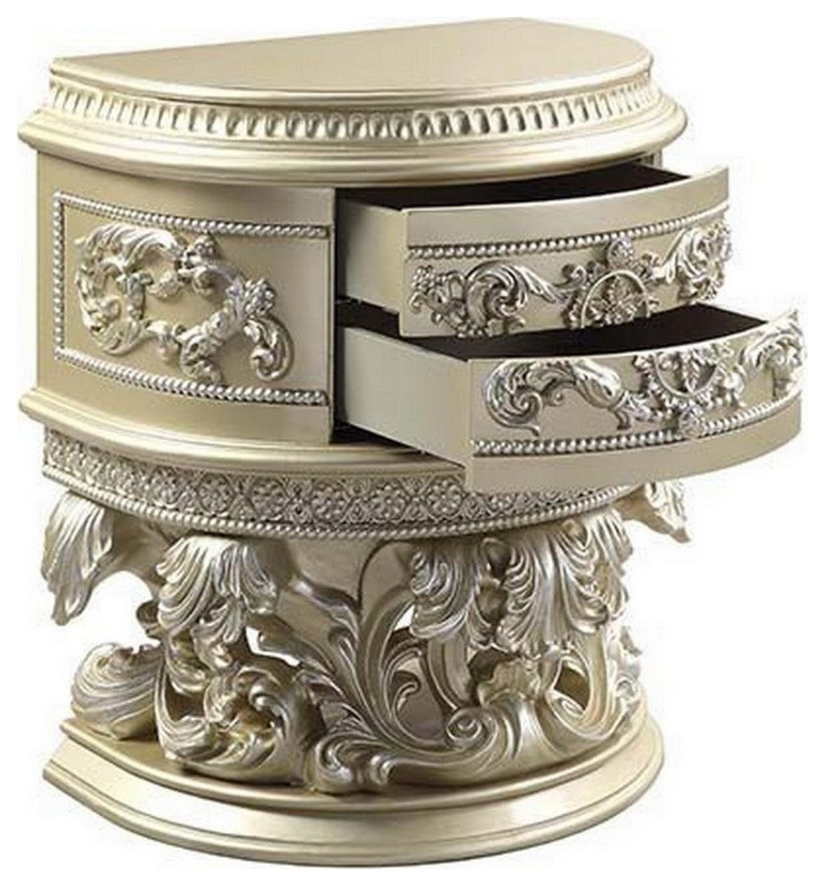 Benzara BM251164 Nightstand With Carvings and Half Moon Shape, Champagne Silver