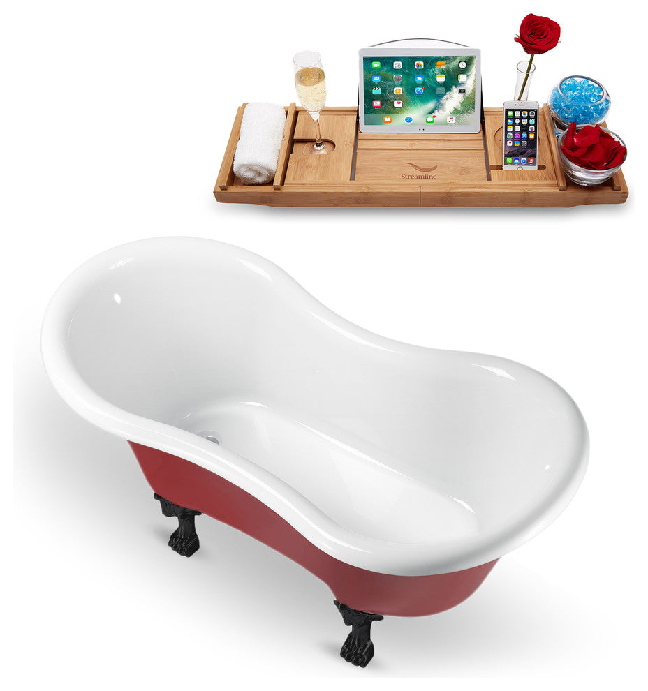 62" Red Clawfoot Tub and Tray, Black Feet, Chrome Internal Drain