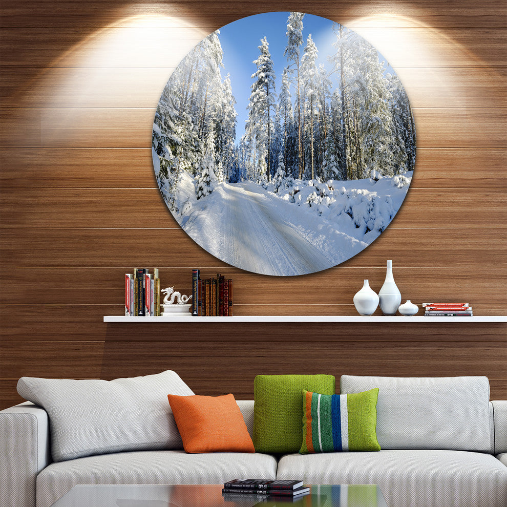 Snowy Blue Winter, Landscape Photography Disc Metal Artwork, 36"