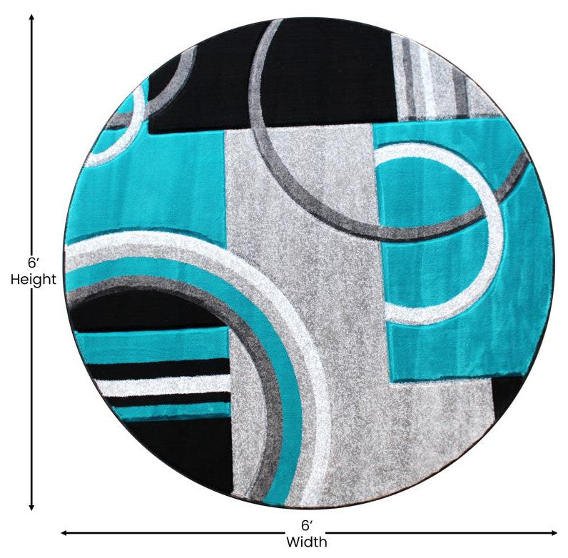 Audra Collection Abstract Area Rug - Olefin Rug with Jute Backing, Turquoise, 5' X 5'