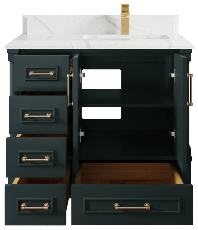 Aberdeen 36 Right Offset Bath Vanity in Dark Forest Green 1.5" Calacatta Laza