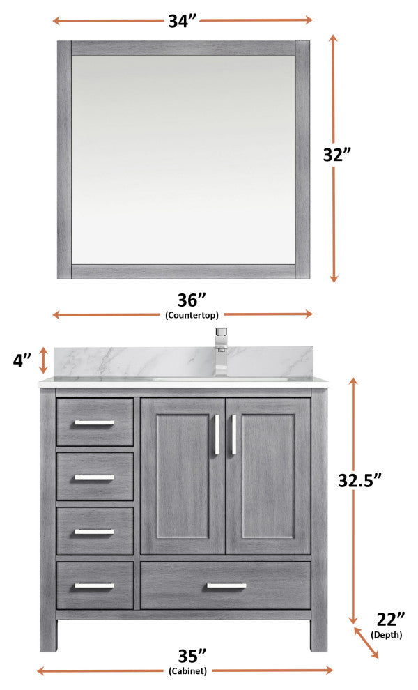 Jacques 36" Distressed Grey Single Vanity Set with Marble Top - Right Version