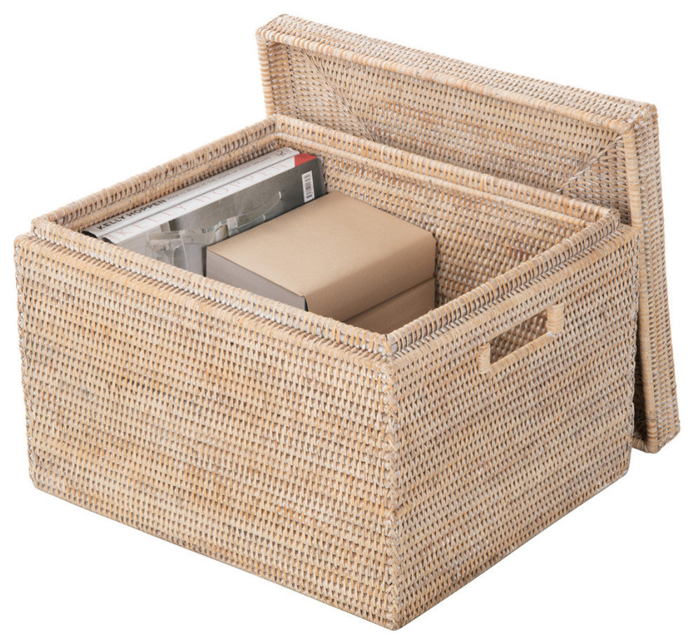 La Jolla Rattan Rectangular  Storage Box, White Wash