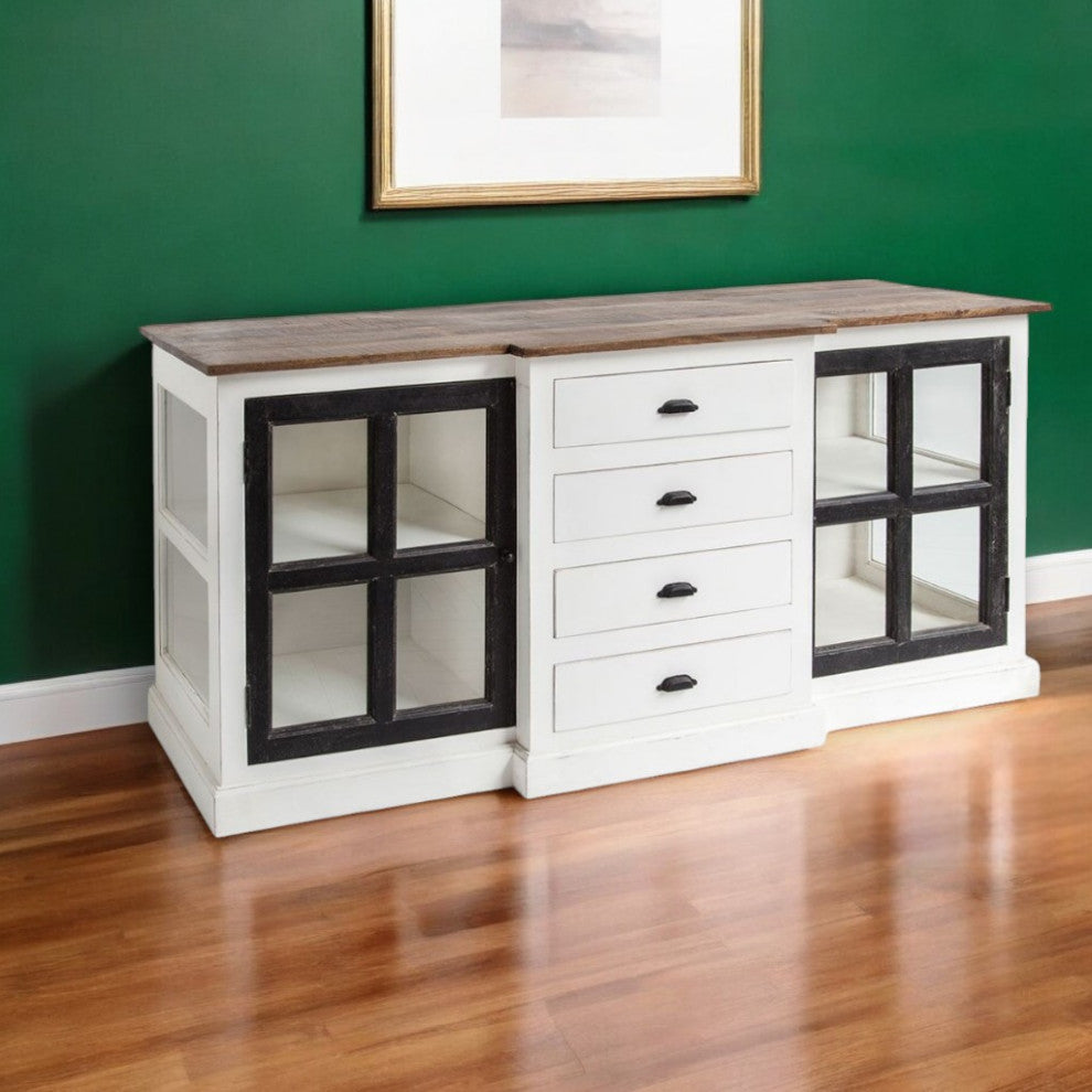 75" Brown and White Solid Wood Four Drawer Sideboard With 2-Glass Doors