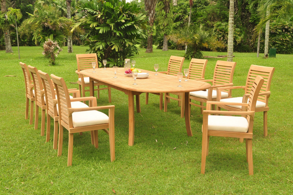 11-Piece Outdoor Teak Dining Set: 117" Oval Table, 10 Mas Stacking Arm Chairs