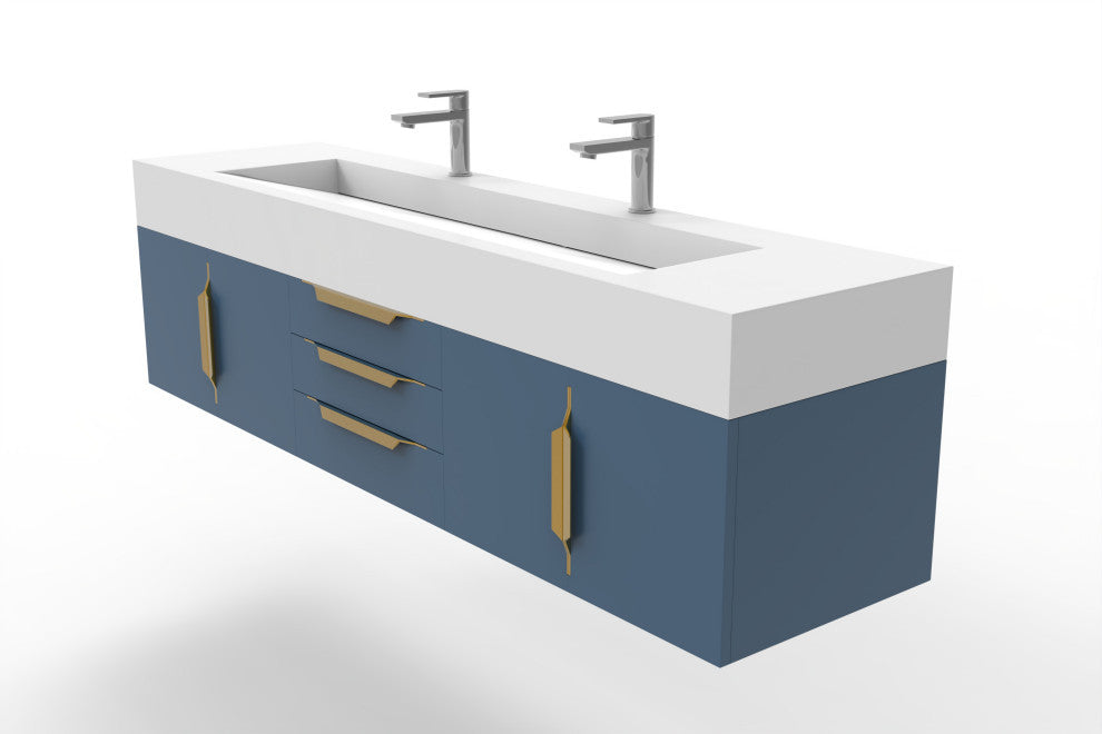 CastelloUSA Nile 72" Wall Mounted Bathroom Vanity Set, Blue, White Top, Gold Handles