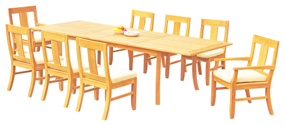 9-Piece Outdoor Teak Dining Set, 117" Extension Rectangle Table, 8 Osbo Chairs