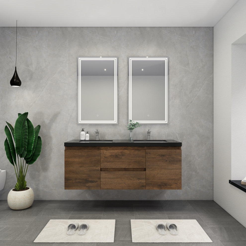 Belli 60" Double Sink Wall Mount Vanity Set, Rosewood, Matt Black Top
