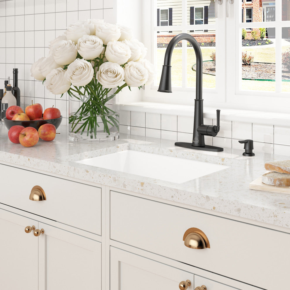 27in Undermount Single Bowl Fireclay Kitchen Sink with Grid and Drainer, Glossy White