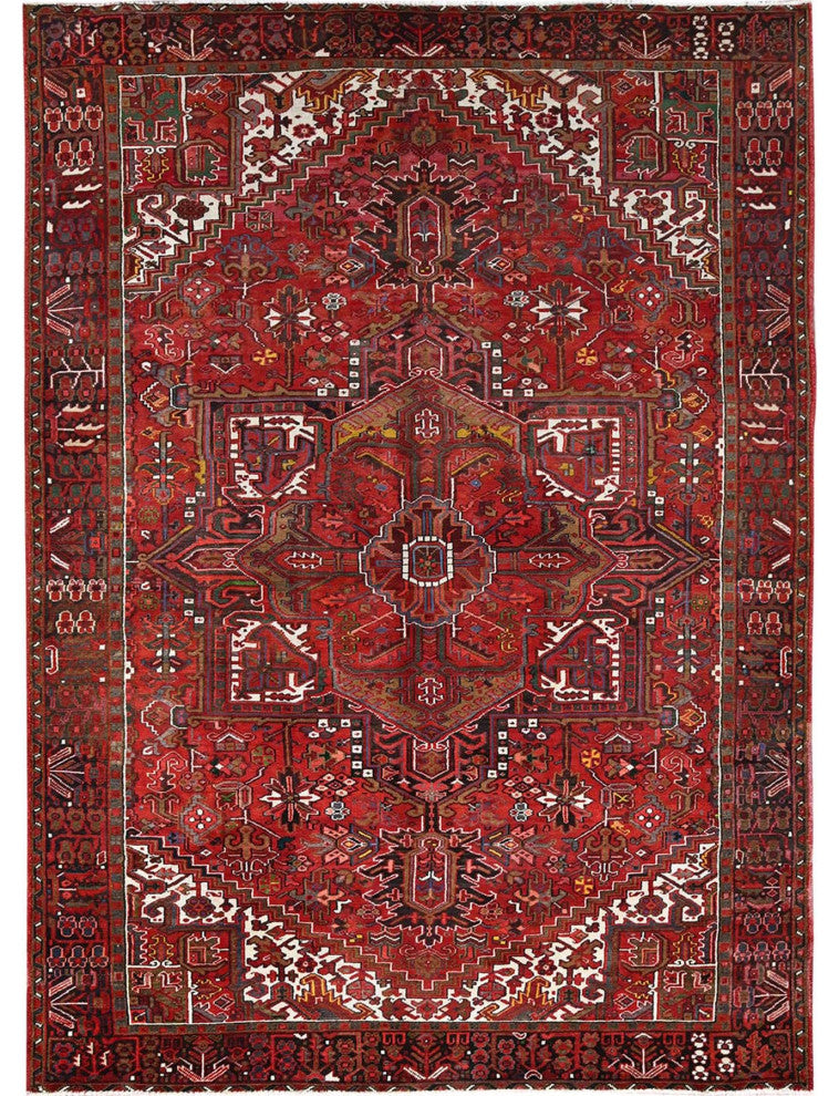 Imperial Red Semi Antique Persian Heriz Worn Wool Hand Knotted Rug 8'2"x11'3"