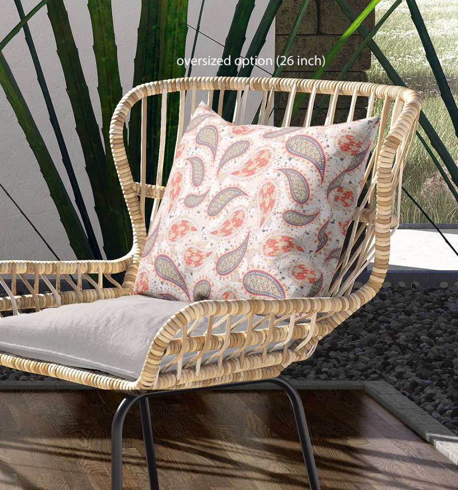 16" Red Beige Boho Paisley Indoor Outdoor Throw Pillow