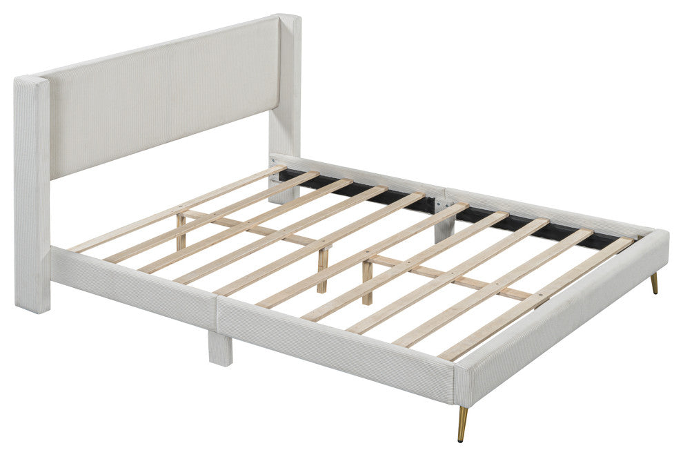 Gewnee Queen Size Corduroy Platform Bed with Metal Legs