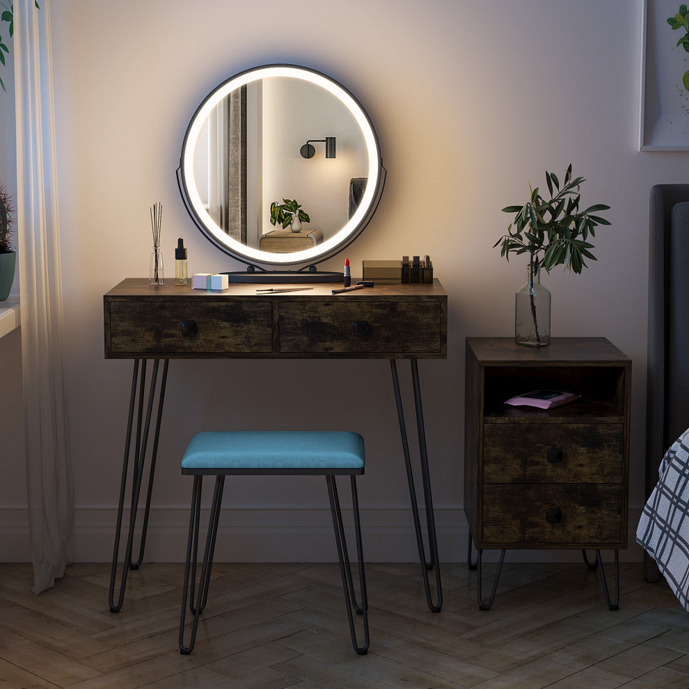 4-Drawer Makeup Vanity Table Set, With Dimmable LED Mirror & Stool, Brown