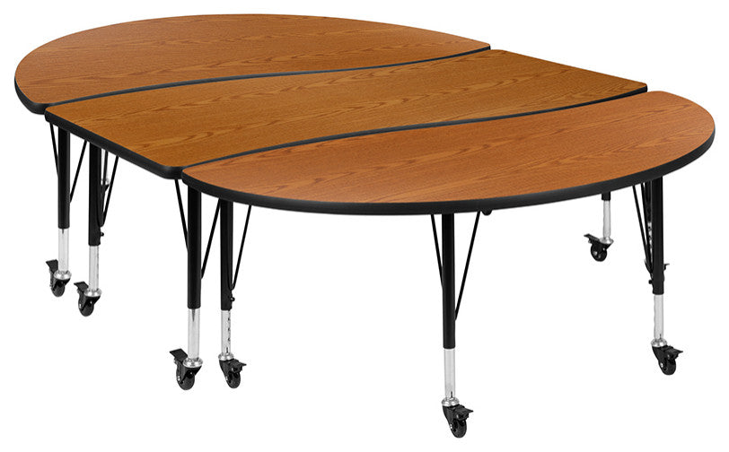 3 Mobile Piece 86" Oval Wave Activity Table Set - Standard Height Adj Legs, Oak