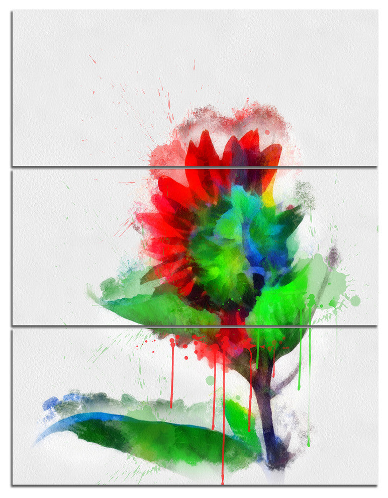 Colorful Flower Stem with Splashes, Floral Canvas Artwork, 28x36, 3 Panels