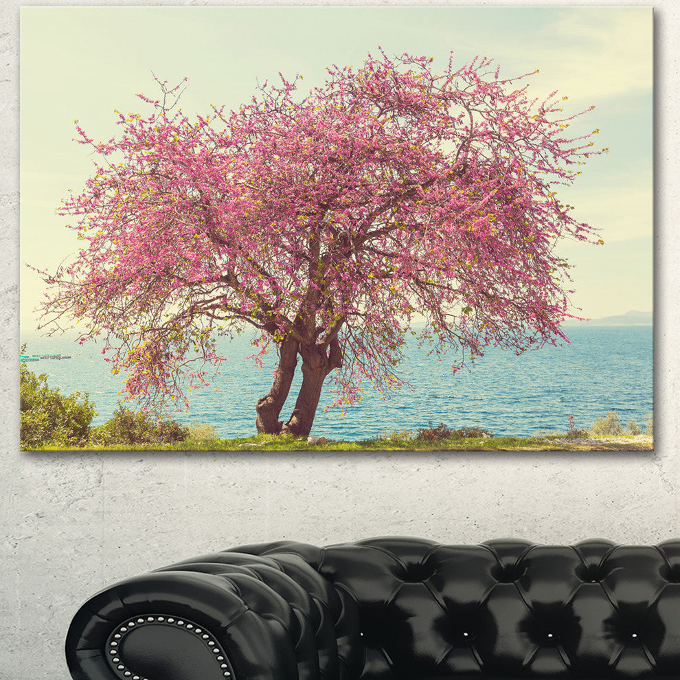 Pink Flowers on Lonely Tree, Landscape Canvas Art Print, 40"x30"