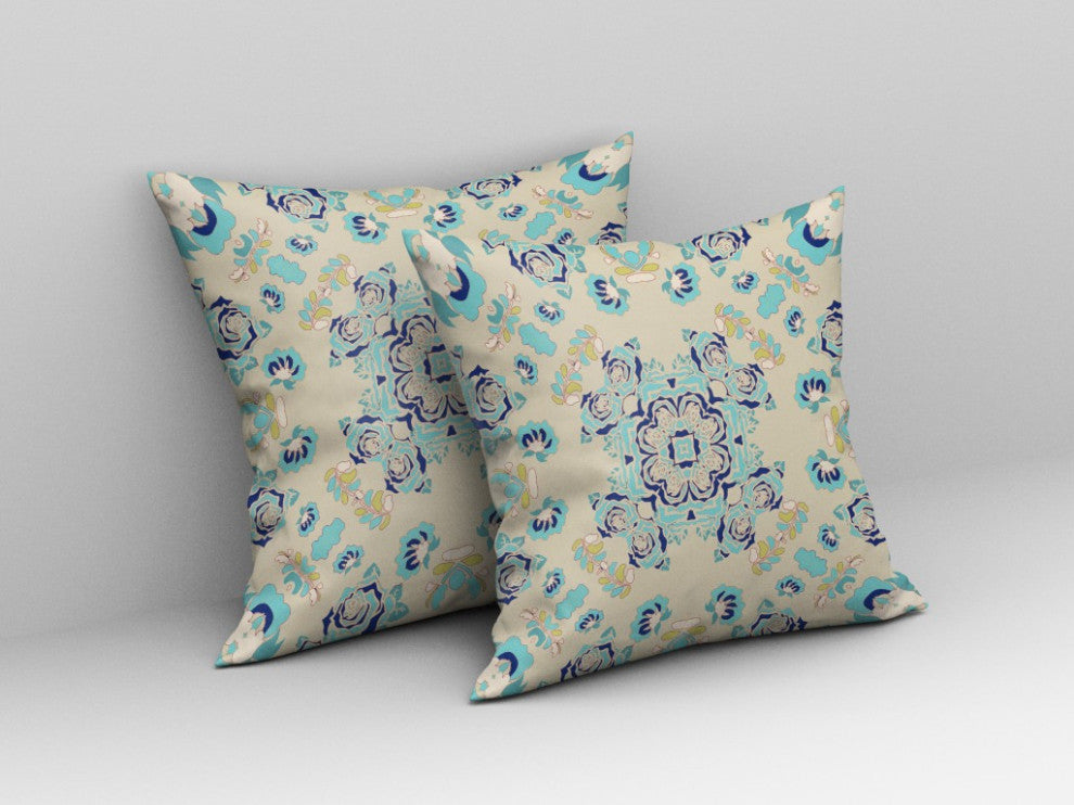 18" Blue Beige Wreath Indoor Outdoor Zippered Throw Pillow