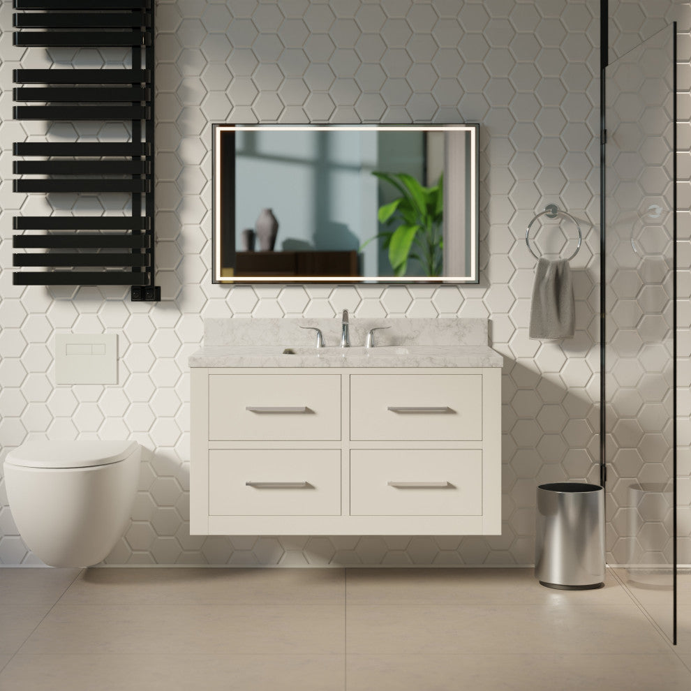 Helsinki 42" Floating Wall Mounted Bathroom Vanity, White, Carrara Marble