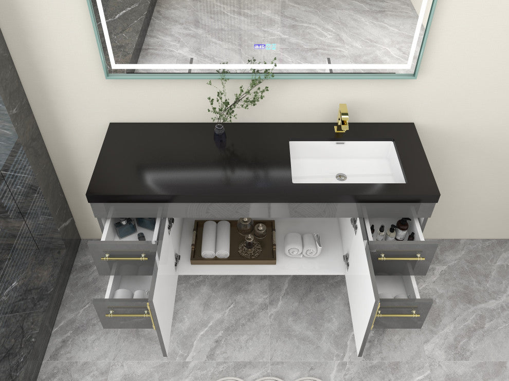 Rosa 60" Wall Mounted Modern Vanity, High Gloss Gray, Matt Black Top