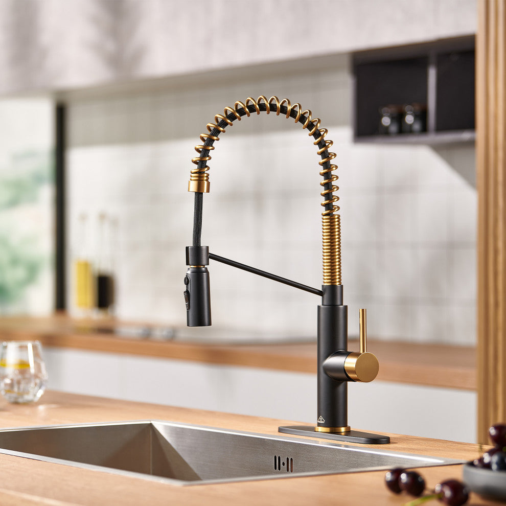 Kitchen Sink Faucet 1.8 GPM with Pull Down and 3 Models Sprayer Single Handle, Matte Black+brushed Gold