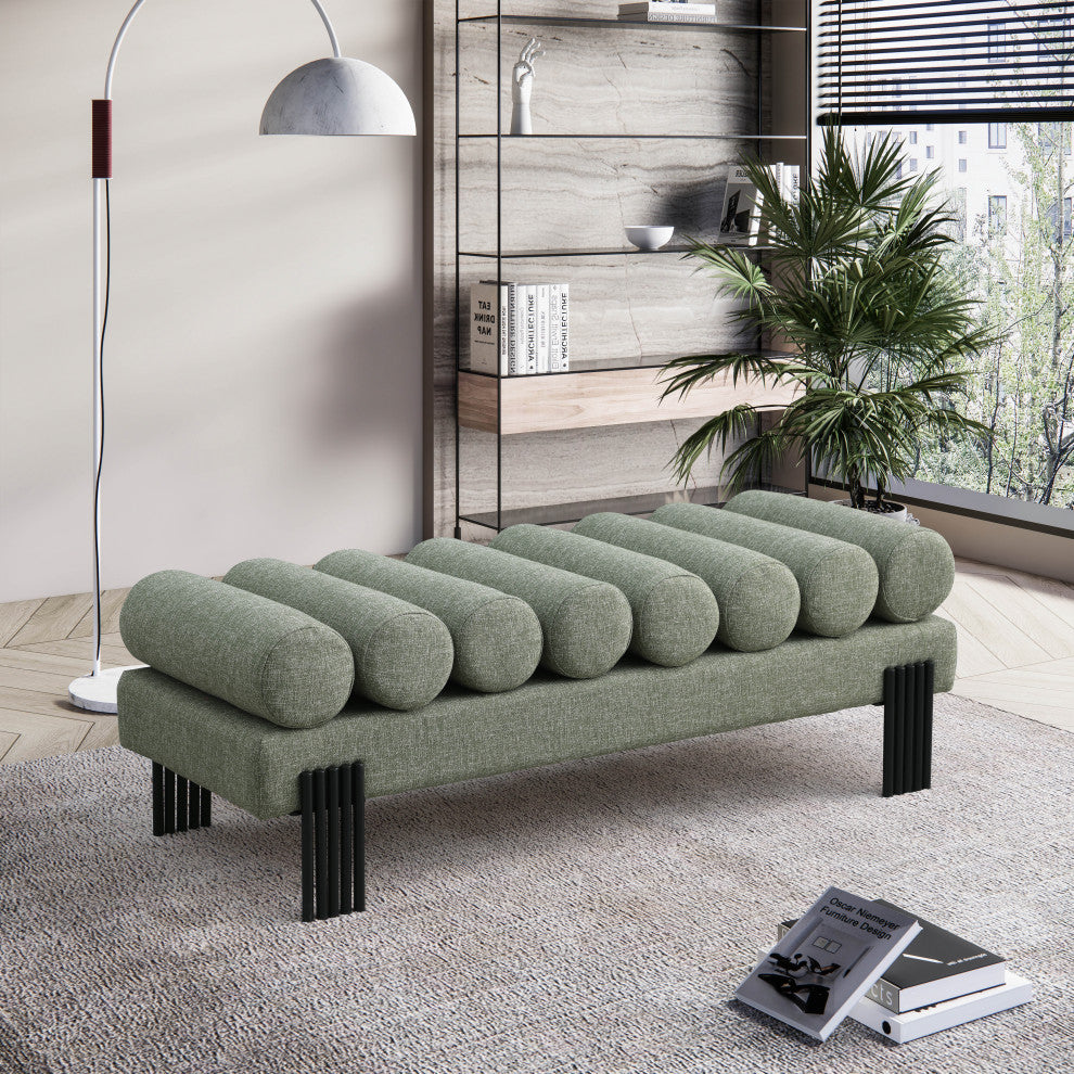 Akeela Linen Textured Fabric Upholstered Bench, Green