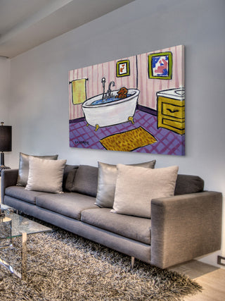 "Dachsund Bath" Painting Print on Wrapped Canvas, 36"x24"