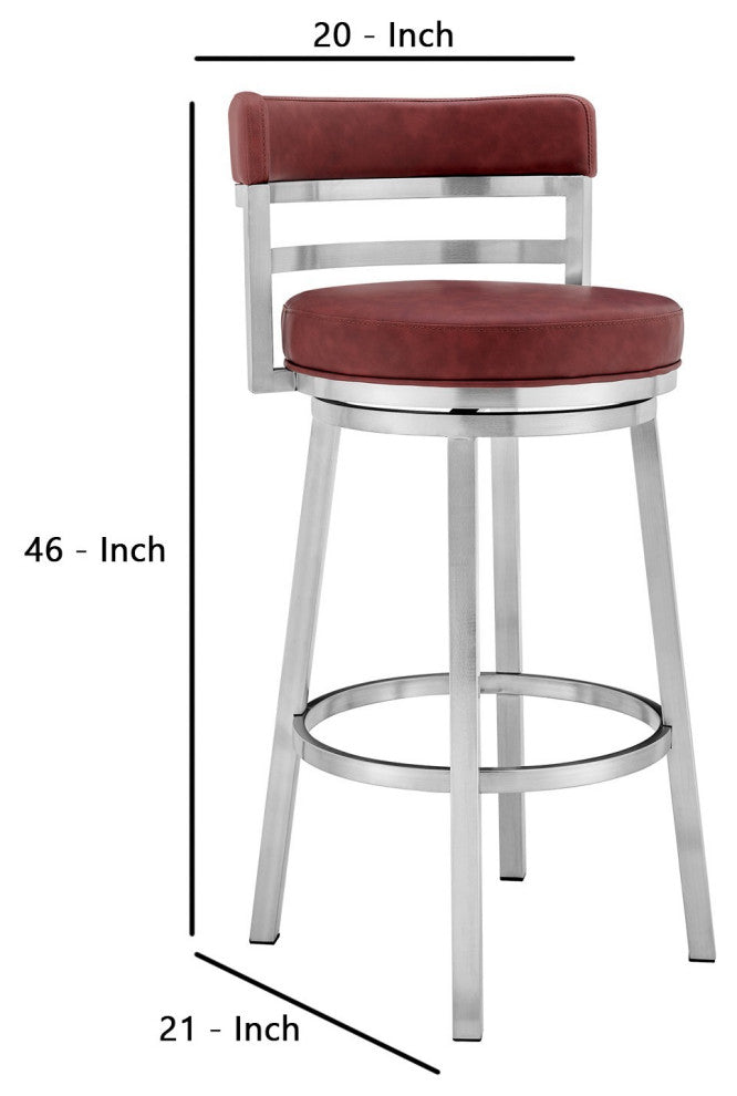 Benzara BM236762 30" Leatherette Counter Height Barstool, Silver and Red