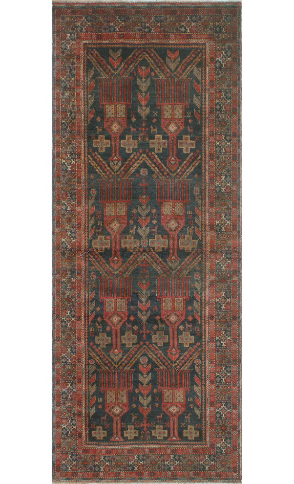 Semi-Antique Kasen Charcoal/Rust Runner, 3'8x9'4