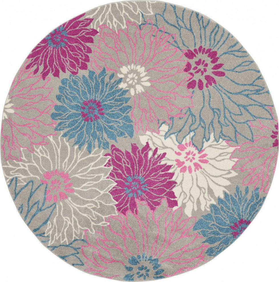 8 Round Gray and Pink Tropical Flower Area Rug