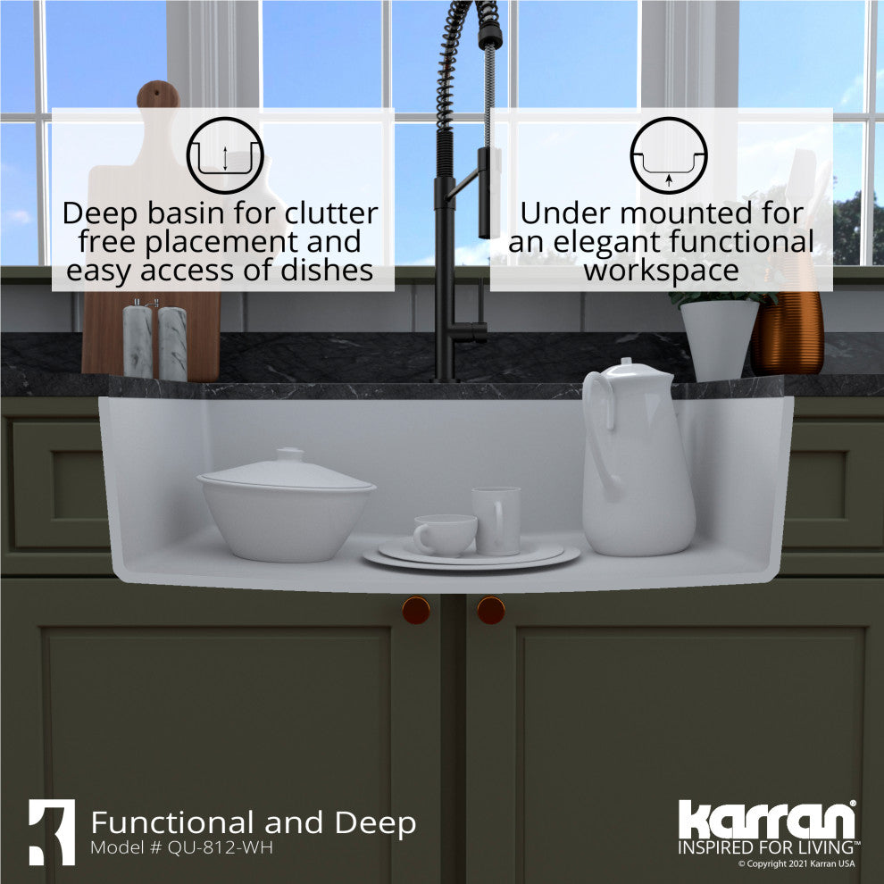 Karran QU-812 Undermount 32.5" Large Single Bowl Quartz Sink Kit, White